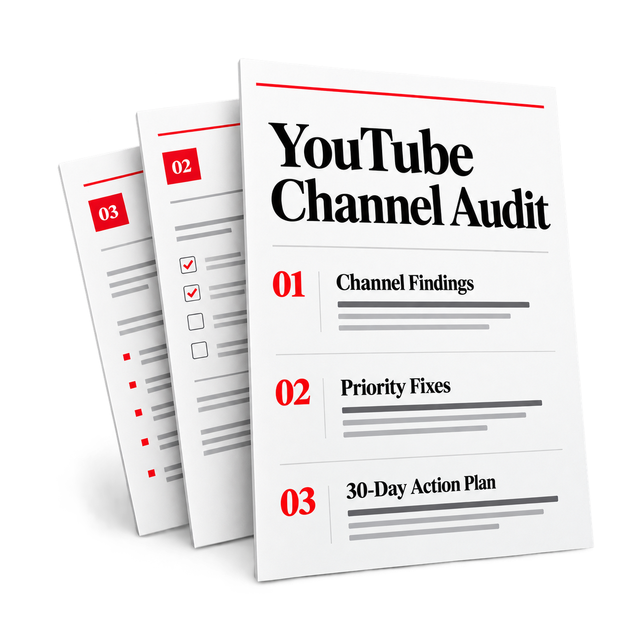 YouTube channel audit report illustration showing Channel Findings, Priority Fixes, and a 30-Day Action Plan