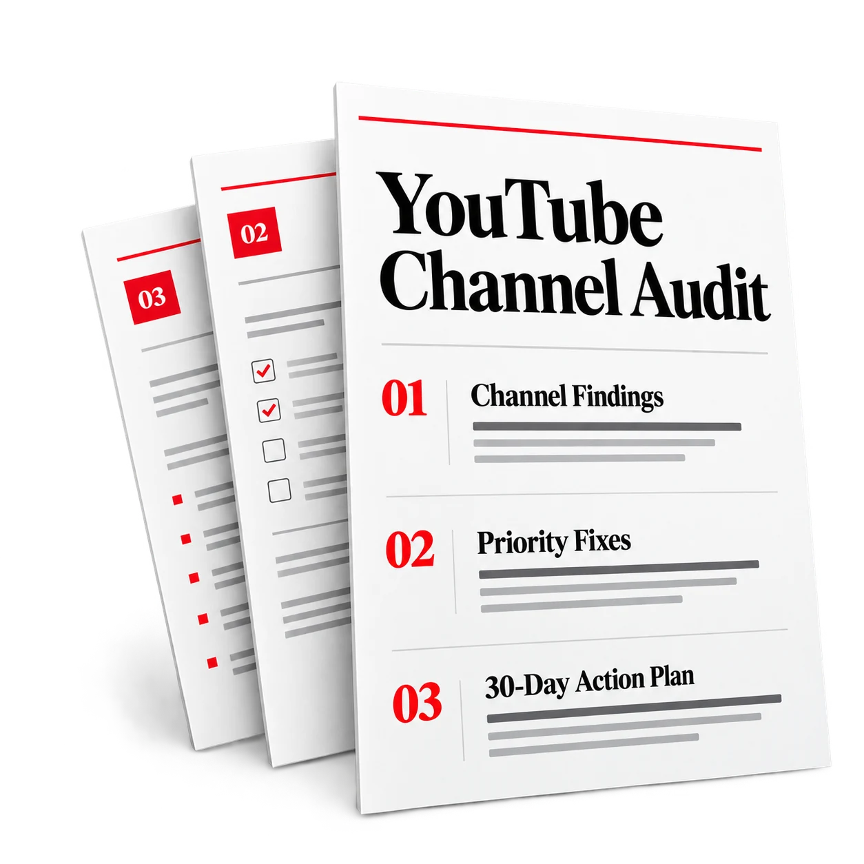 Illustration of a channel audit report with findings, priority fixes and an action plan